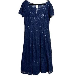 SLNY Dress Women Size 16 Navy Lace Sequin Midi Cocktail Short Sleeves Lined NWOT